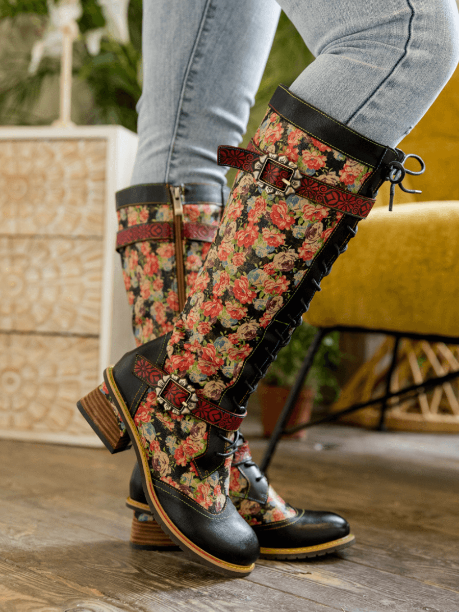 SOFFIA | BLOOMING FLORAL TIE-ACCENT LEATHER KNEE HIGH BOOT