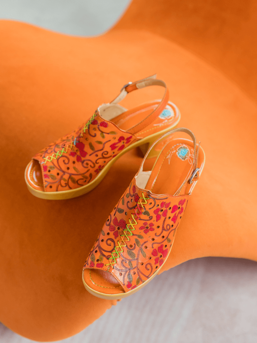 SOFFIA | ORANGE FLORAL EMBOSSED PERFORATED LEATHER SANDAL