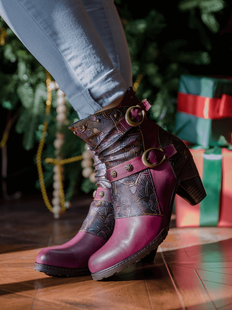 SOFFIA | FLORAL EMBOSSED BUCKLE UP LEATHER BOOTIE - VIOLET