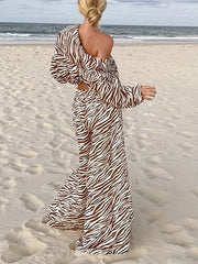 Button Open Collar Loose Zebra Print Drawstring Wide Leg Pants