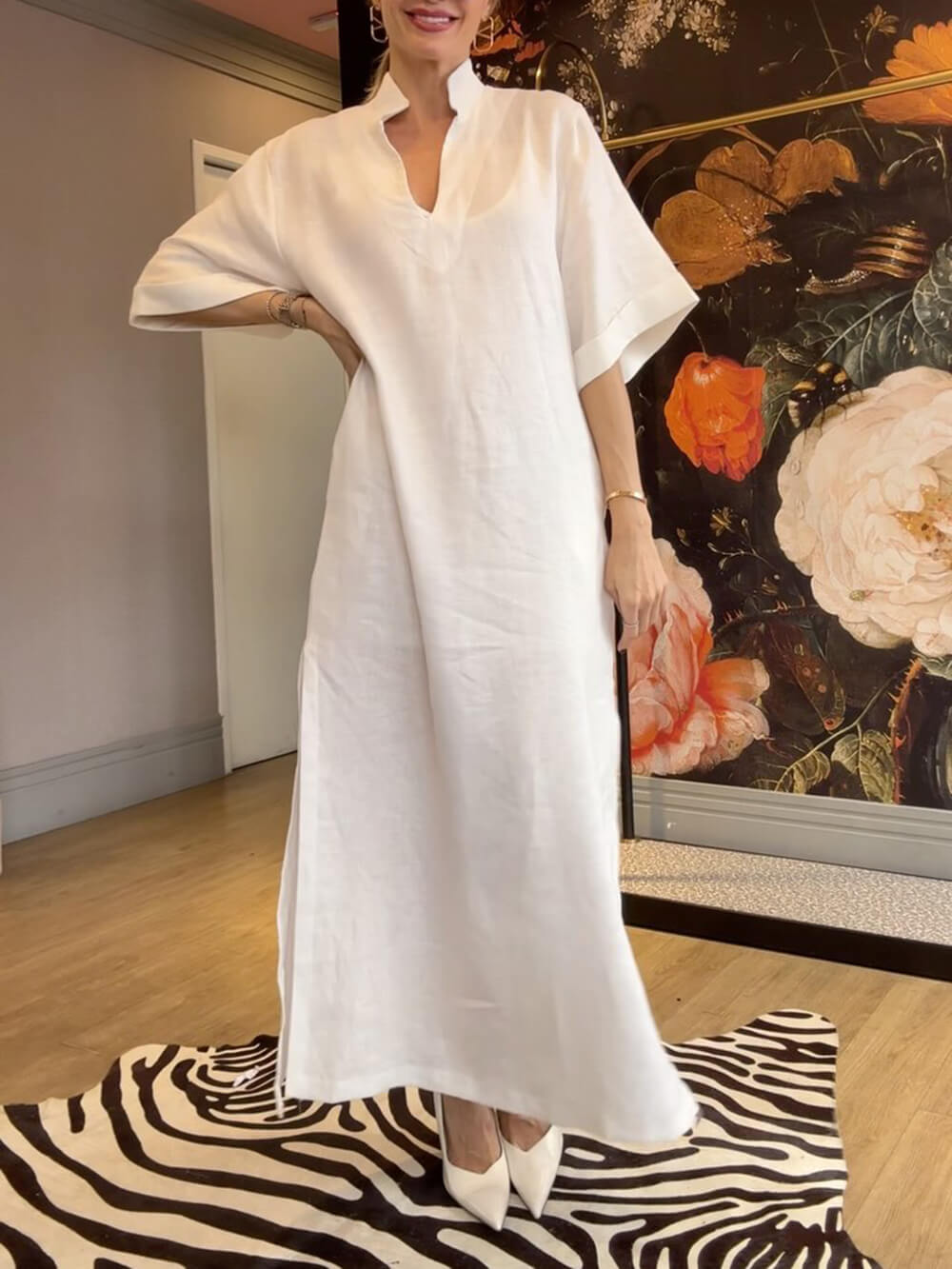 Comfortable Casual V-Neck Solid Color Linen Dress