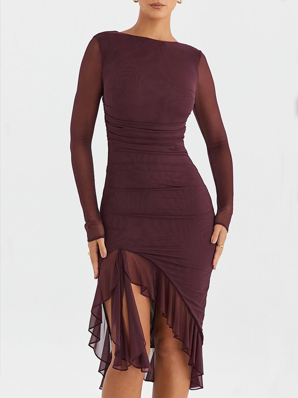 Wine Ruffle Midi Dress