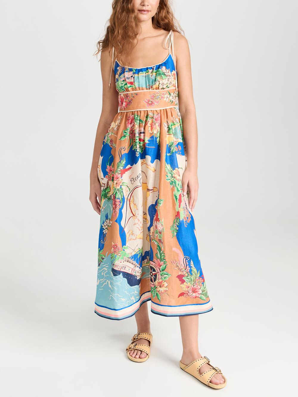 Unique Printed Lace-Up Suspender Pockets Midi Dress