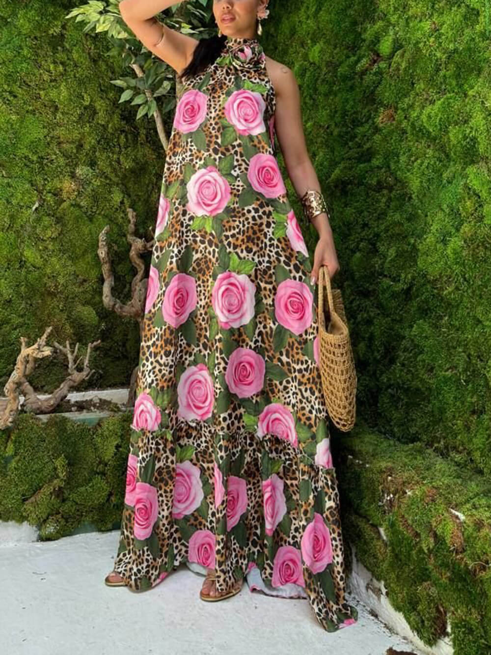 Unique Leopard Print Slit A-Line Maxi Dress