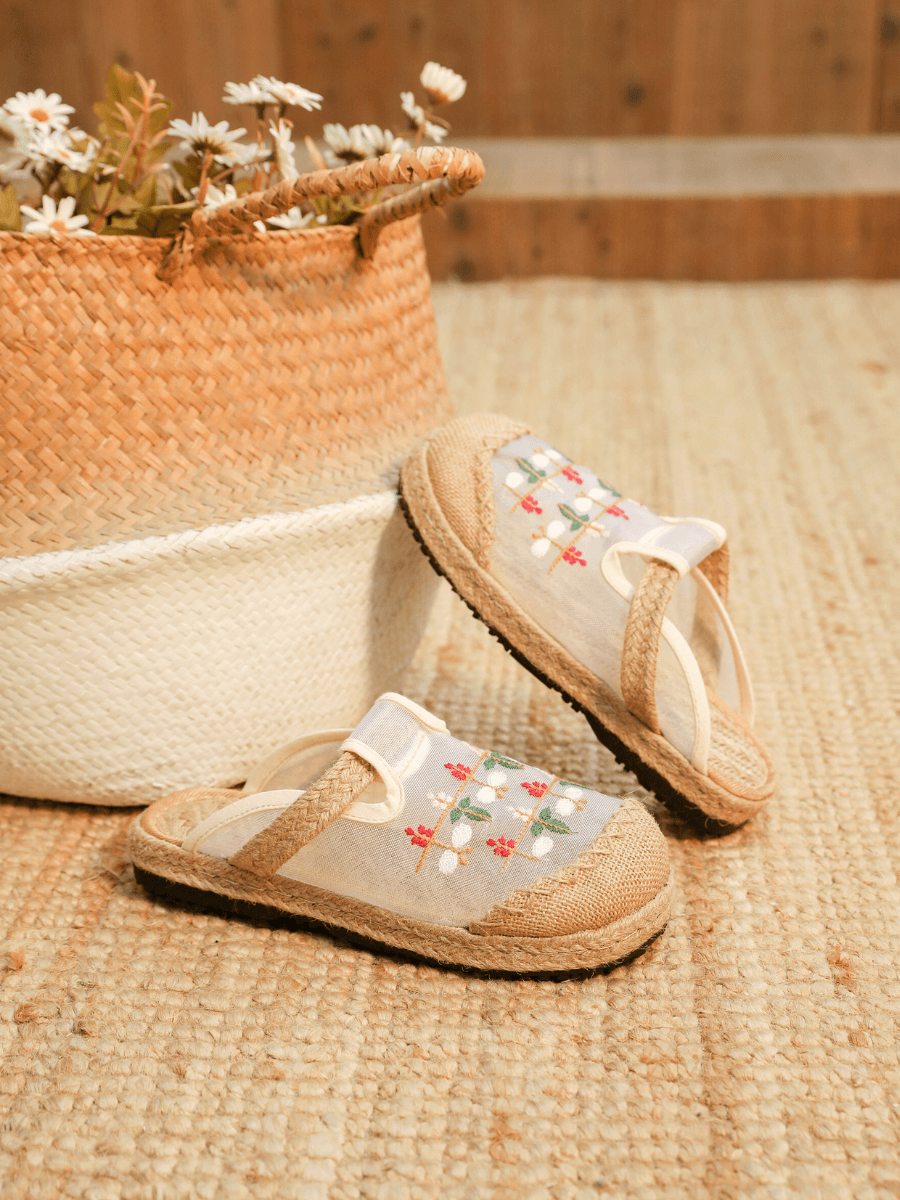 CACTUS ROSE | EMBROIDERED BLOSSOM MESH LINEN UPPER MULE