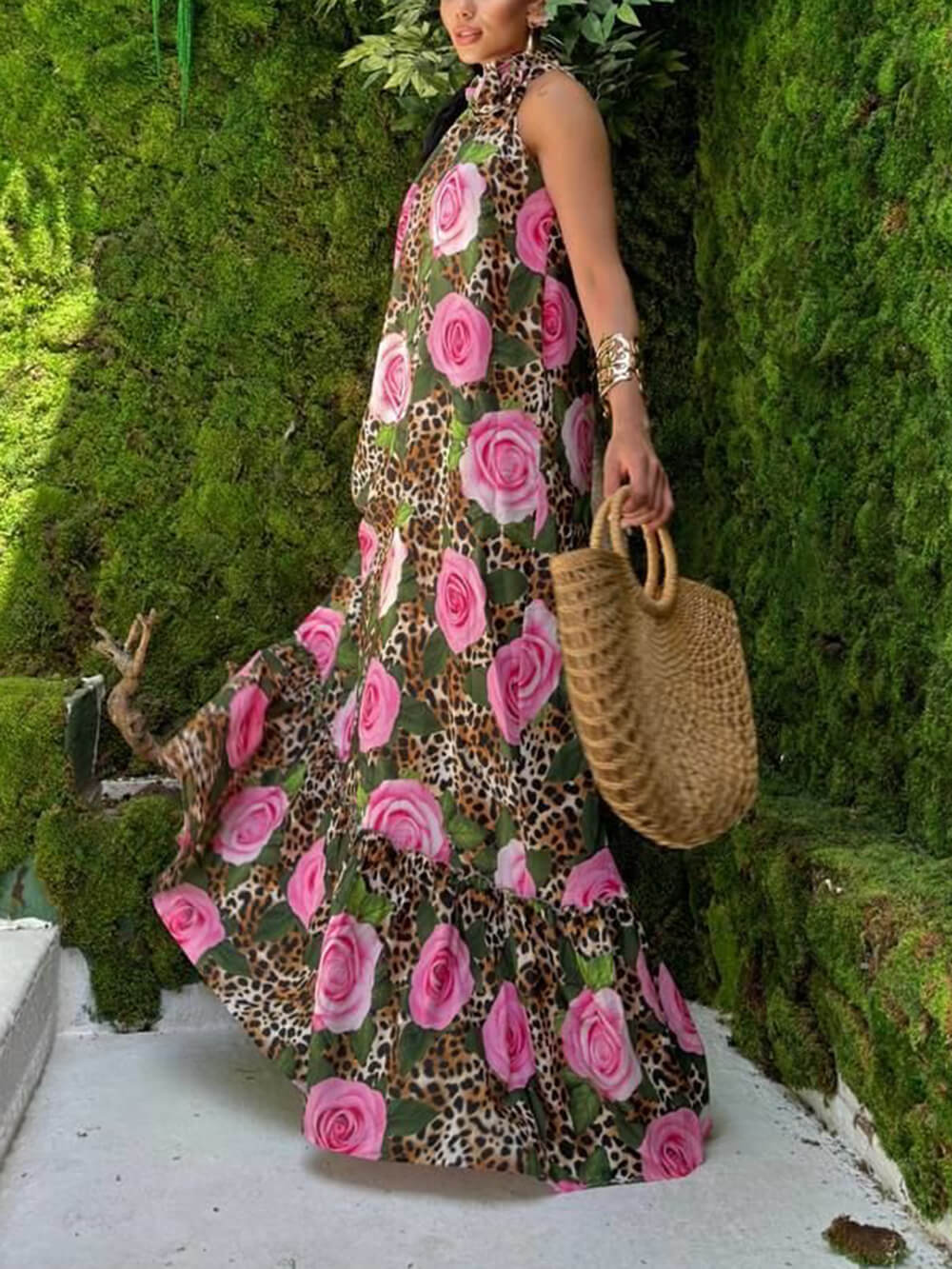 Unique Leopard Print Slit A-Line Maxi Dress