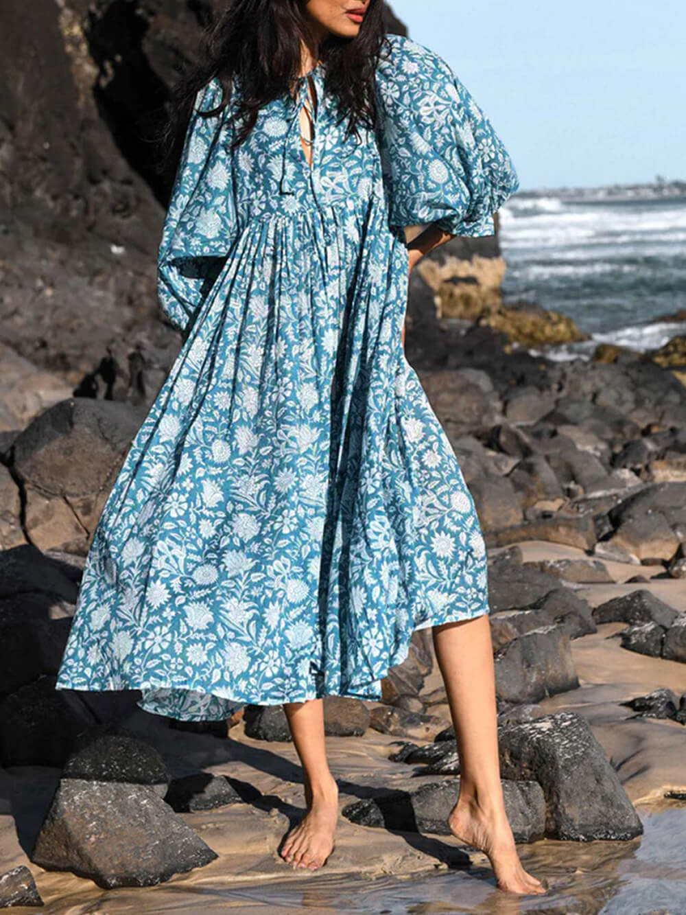 Azure Bloom - Floral Balloon Sleeve Midi Dress