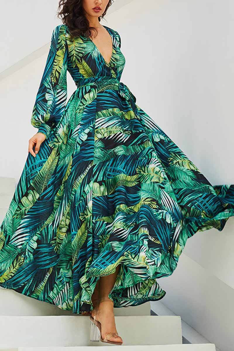 Chicindress V-Neck Leaf Print Maxi Dress