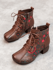 RUMOUR HAS IT | LACE-UP FLORAL EMBOSSED LEATHER BOOT - BROWN