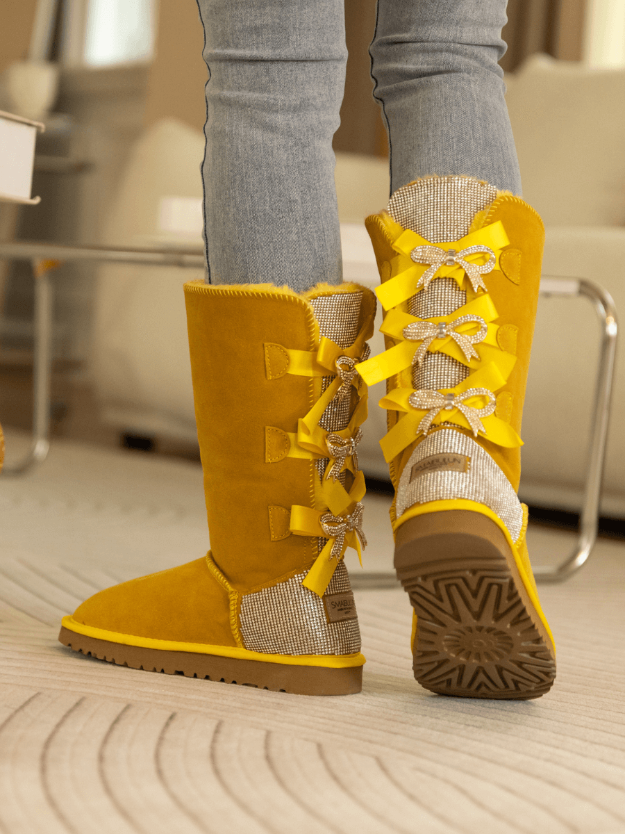 SMAIBULUN Ugg | Rhinestone Ribbon Tri-Tie Bow Suede Boots - Yellow