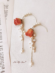 Pressed Flower Earrings - Pearl Dried Rose Flower