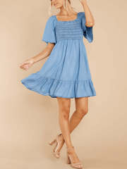 JAMIE BOW-TIERED DENIM MINI DRESS