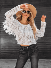 Ramy Crochet Fringe Sleeves Cover Up Top - Grey