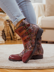 SOFFIA | ROSE GARDEN EMBOSSED LEATHER STRAP BOOT - CLARET