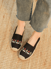 CACTUS ROSE | BLOSSOM EMBROIDERED LINEN ESPADRILLES - BLACK