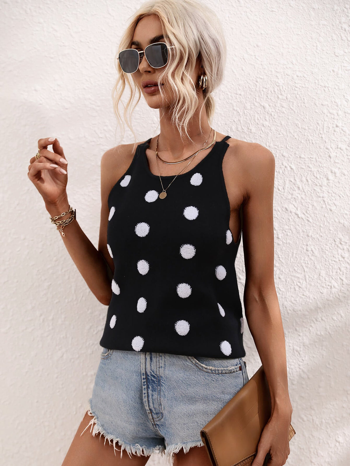 SURF SEASON KNIT POLKA DOT PATTERN TANK - BLACK