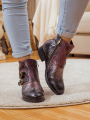 SOFFIA | ROSE GARDEN EMBOSSED LEATHER STRAP BOOT - BROWN