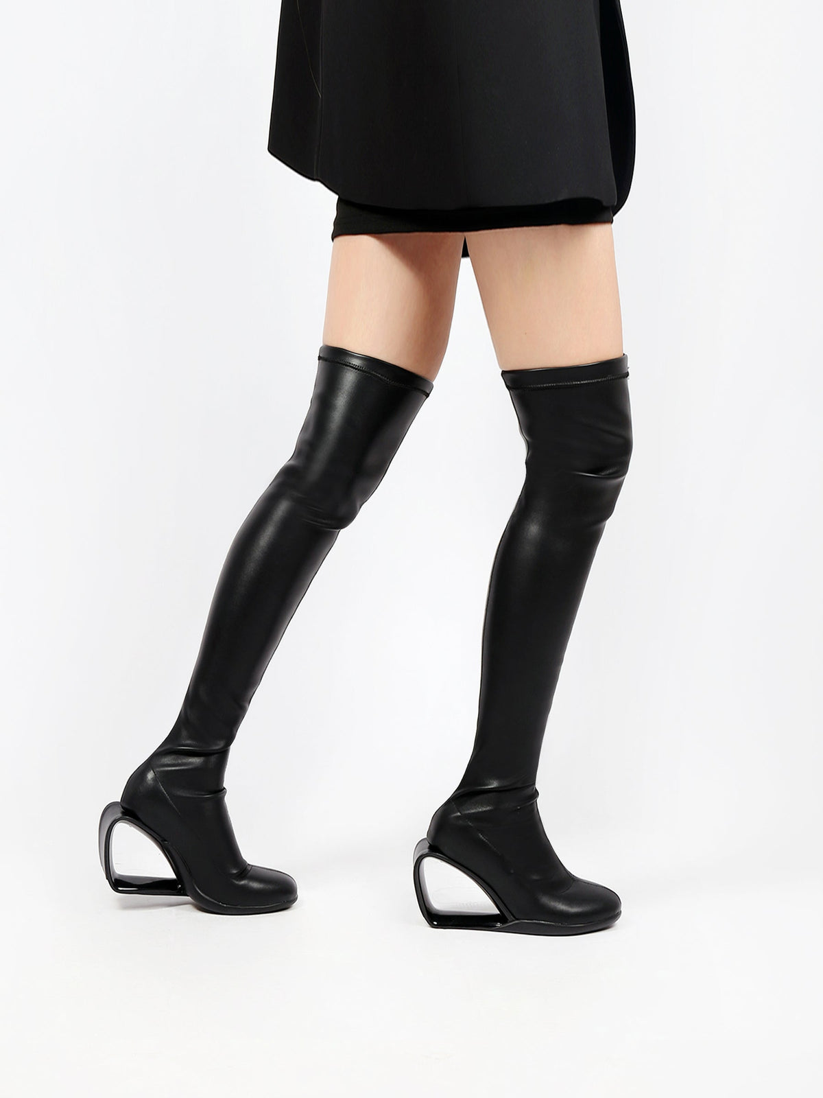 JADY ROSE | WEDGE HEEL BLACK LEATHER OVER KNEE NIGHT BOOT