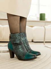 SOFFIA | FLORAL EMBOSSED METALLIC LEATHER ANKLE BOOT - TEAL