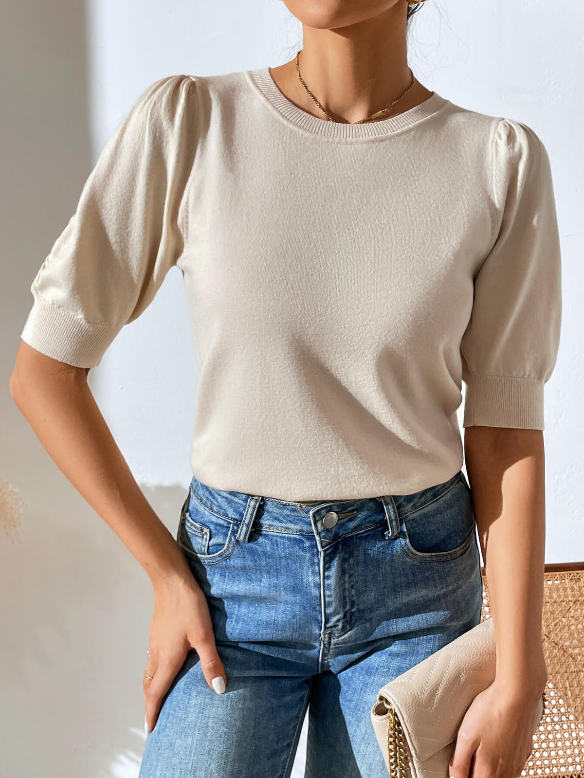 HALO SHORT SLEEVE COTTON BLEND KNIT TOP - BEIGE