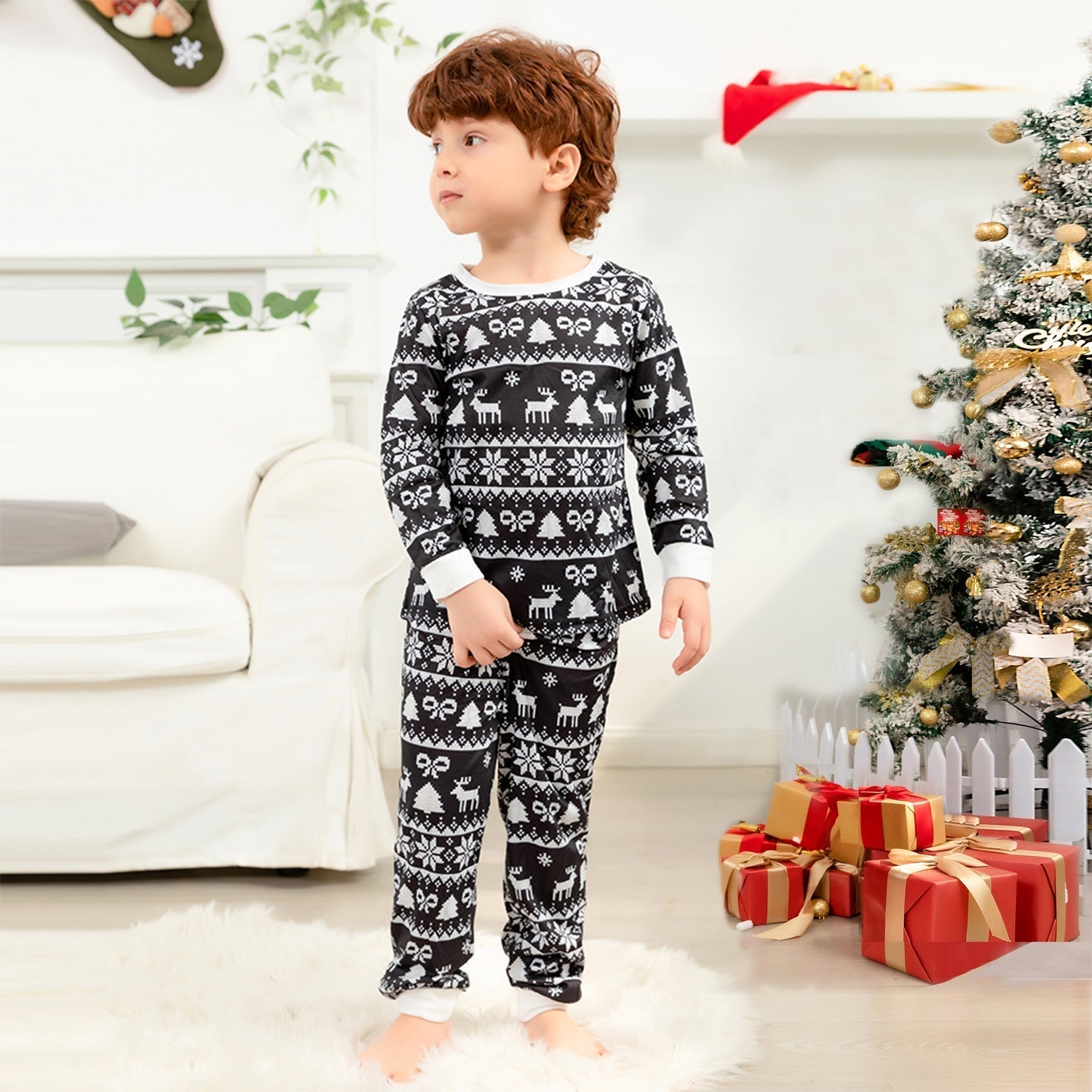 Christmas Black-White Print Family Matching Pajamas Set