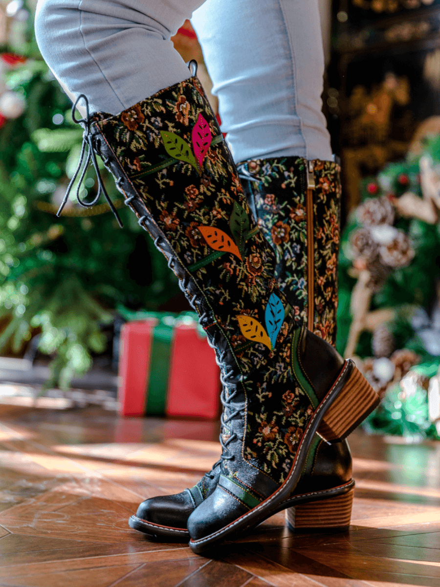 SOFFIA | FLORAL PATCHWORK APPLIQUE LEATHER CANVAS BOOT