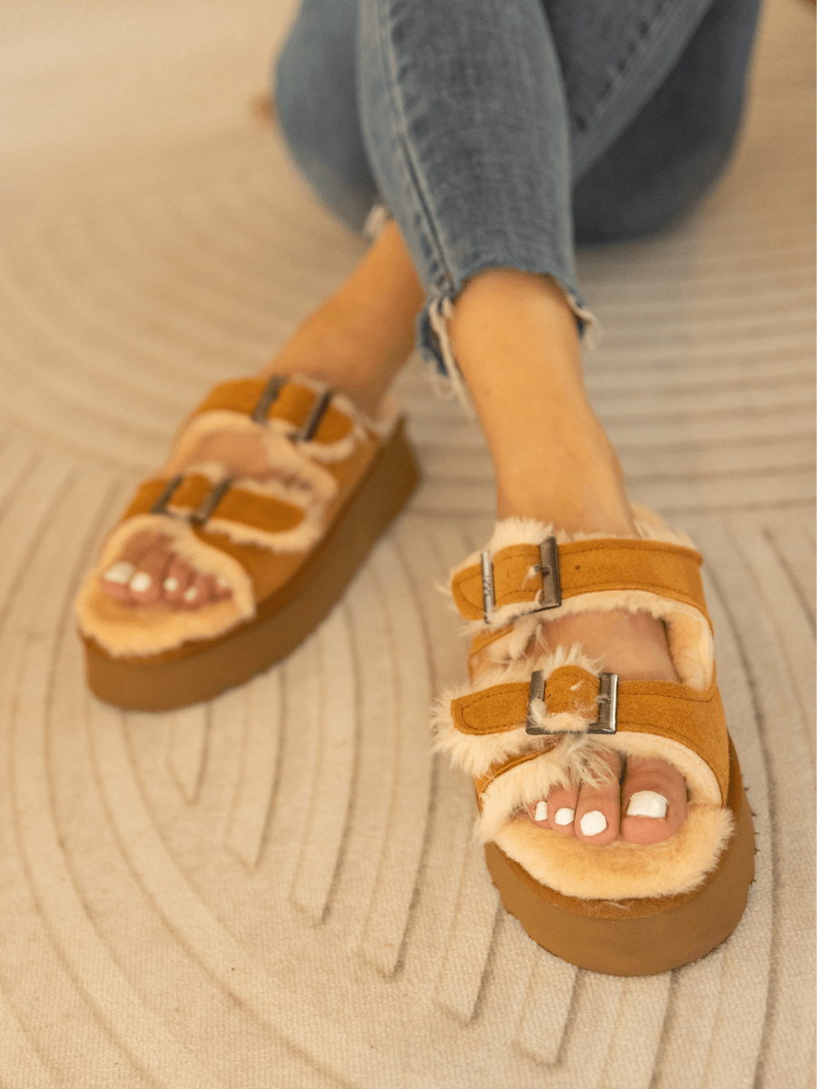 Smaibulun Ugg | Woolen Suede Double Strap Platform Sandal - Chestnut