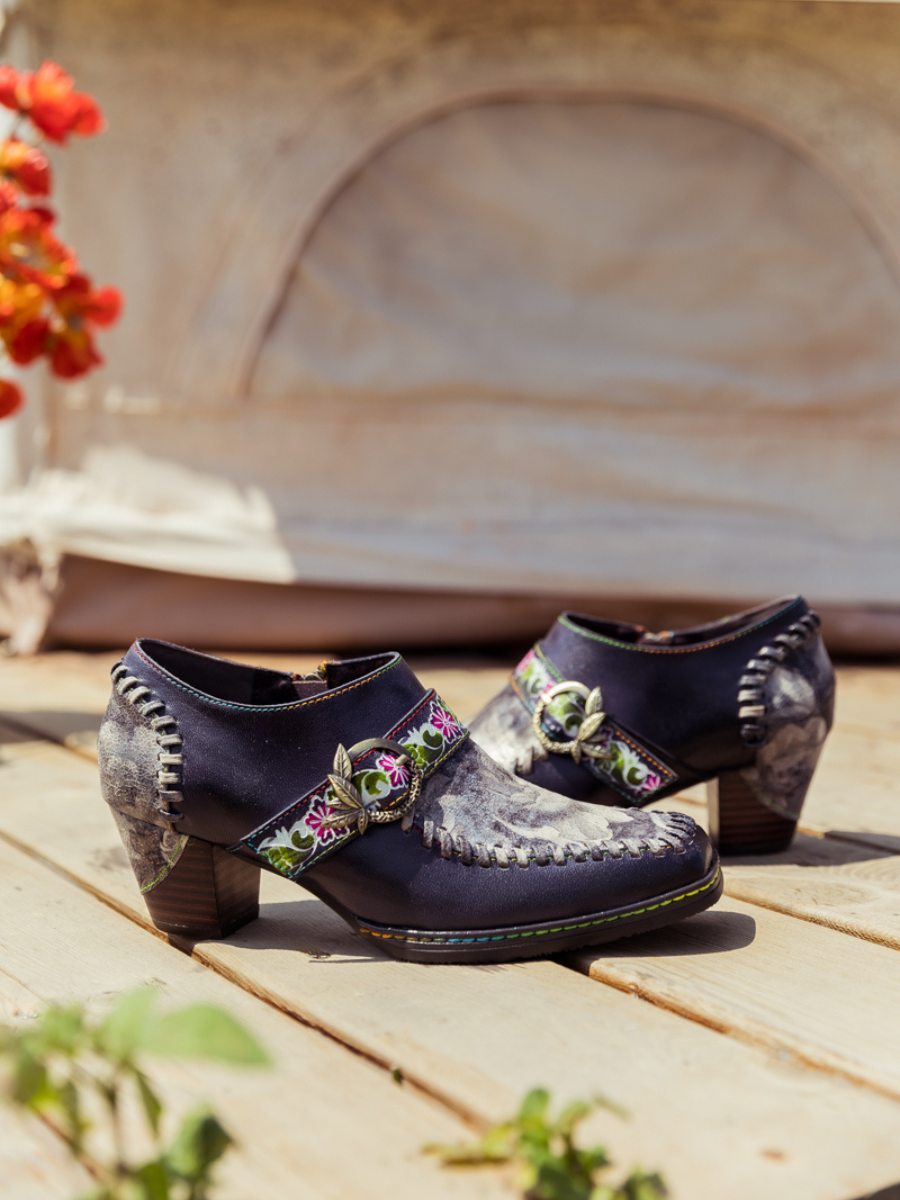 SOFFIA | Navy Leather Floral Strap-Accent Bootie