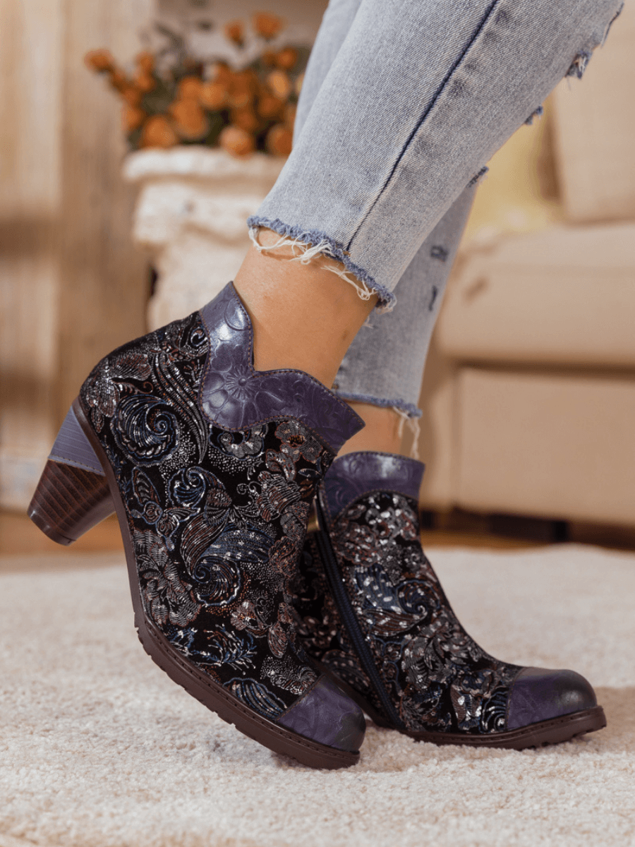 SOFFIA | NAVY GALAXY FLORAL EMBOSSED LEATHER BOOT