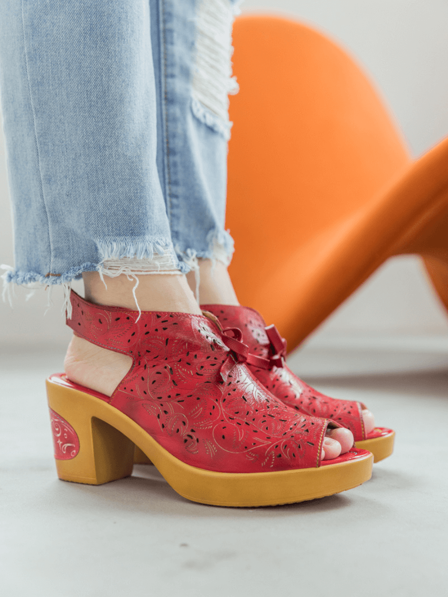 SOFFIA | RED FLORAL PERFORATED GENUINE LEATHER SANDAL