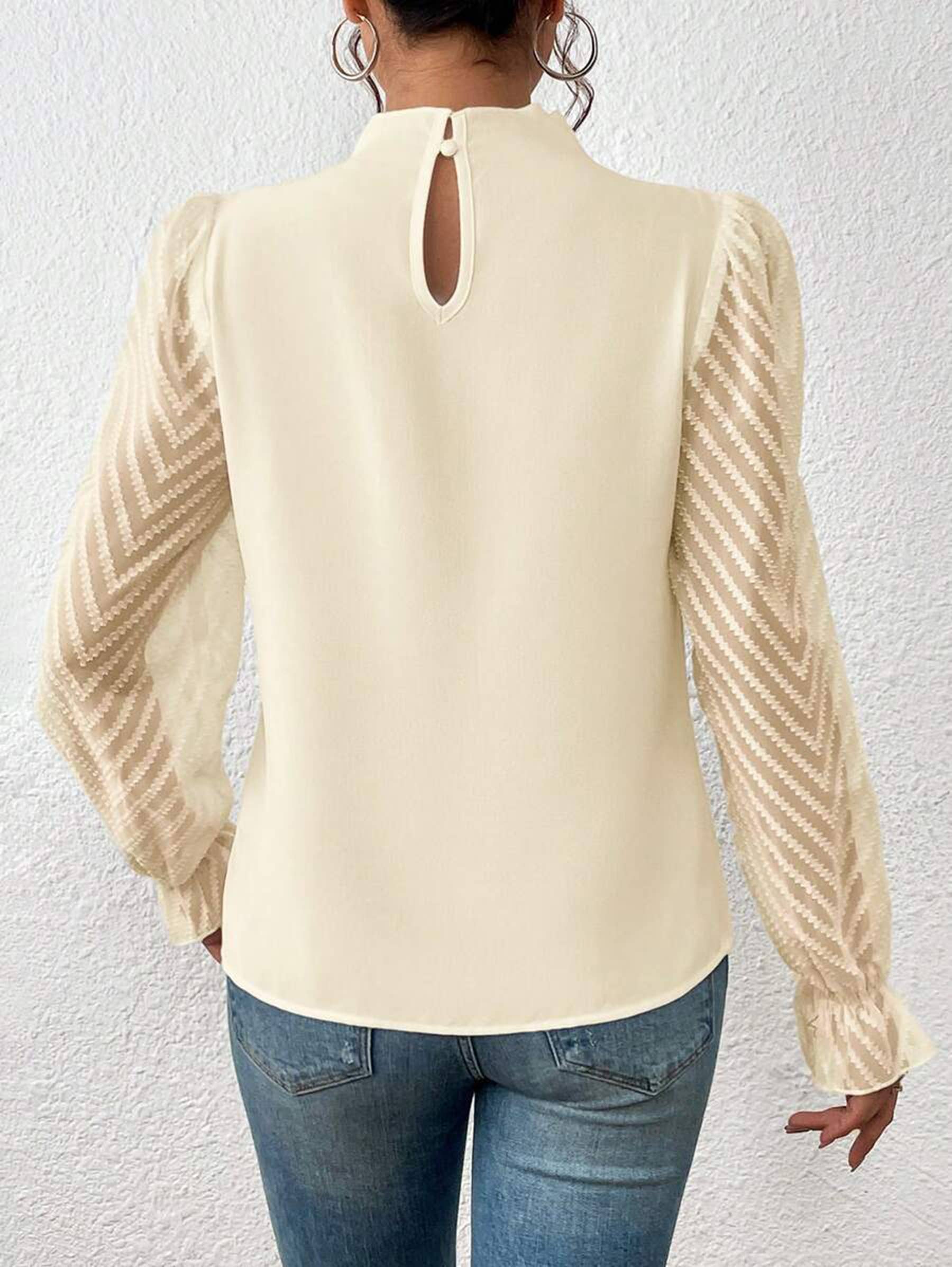 Women's Long Puff Sleeve Mock Neck Wave Chiffon Blouse Tops