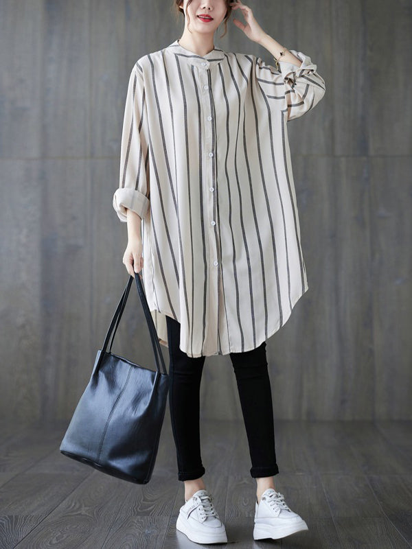 Long Sleeves Loose Buttoned Striped Blouses&Shirts Tops