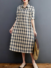 Half Sleeves Loose Plaid Lapel Midi Dresses