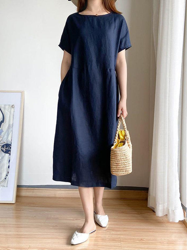 Casual Loose Solid Color Round-Neck Midi Dresses