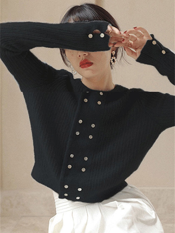 Urban Long Sleeves Buttoned Solid Color Round-Neck Cardigan Tops