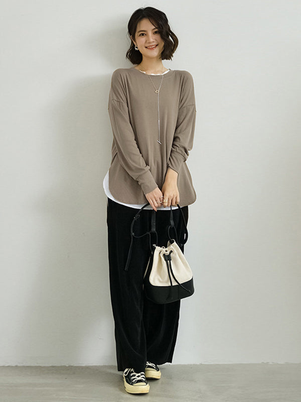 Simple Long Sleeves Loose Split-Side Solid Color Round-Neck T-Shirts Tops