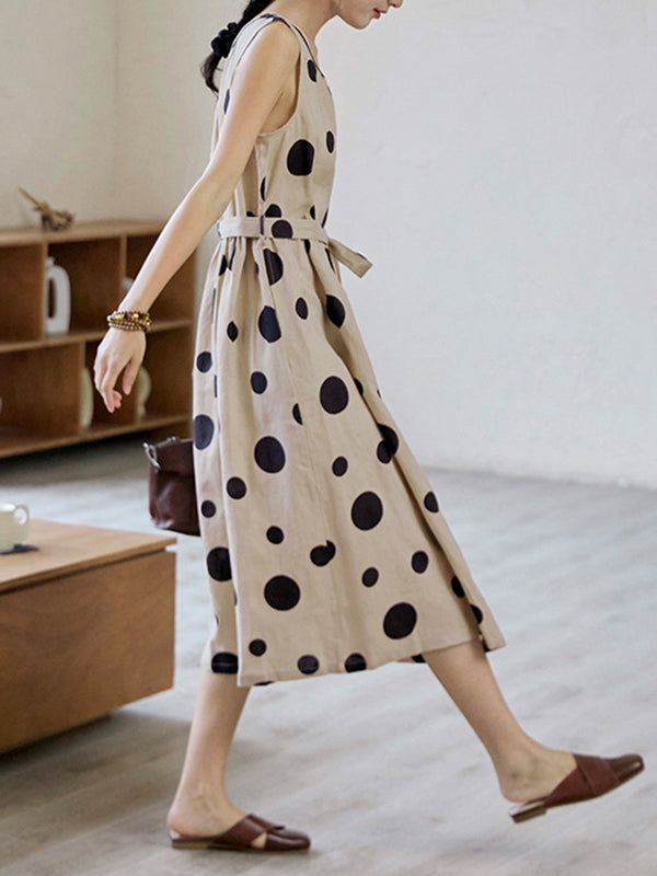 Loose Sleeveless Contrast Color Pleated Polka-Dot Split-Joint Tied Waist Round-Neck Midi Dresses