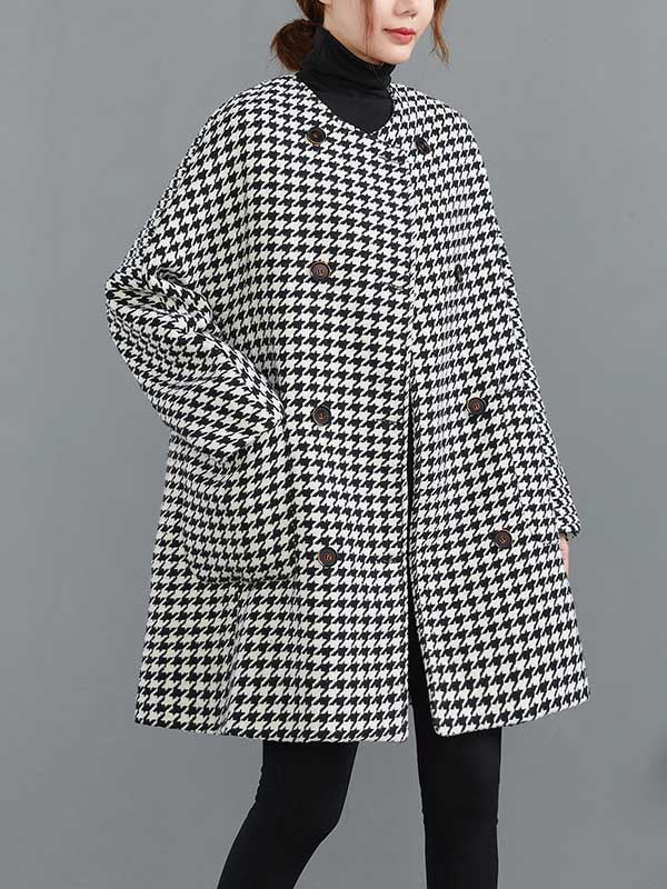 Loose Houndstooth Buttoned Round-Neck Long Sleeves Woolen Coat