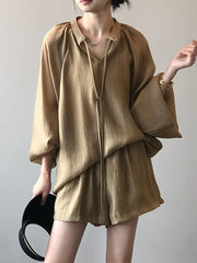 Loose Solid Color Split-Joint Sun Protection Tied V-Neck Long Sleeves Top + Shorts Two Pieces Set