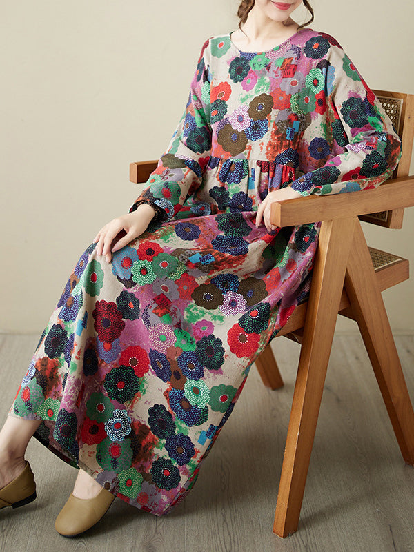 Long Sleeves Loose Flower Print Pockets Split-Joint Round-Neck Midi Dresses