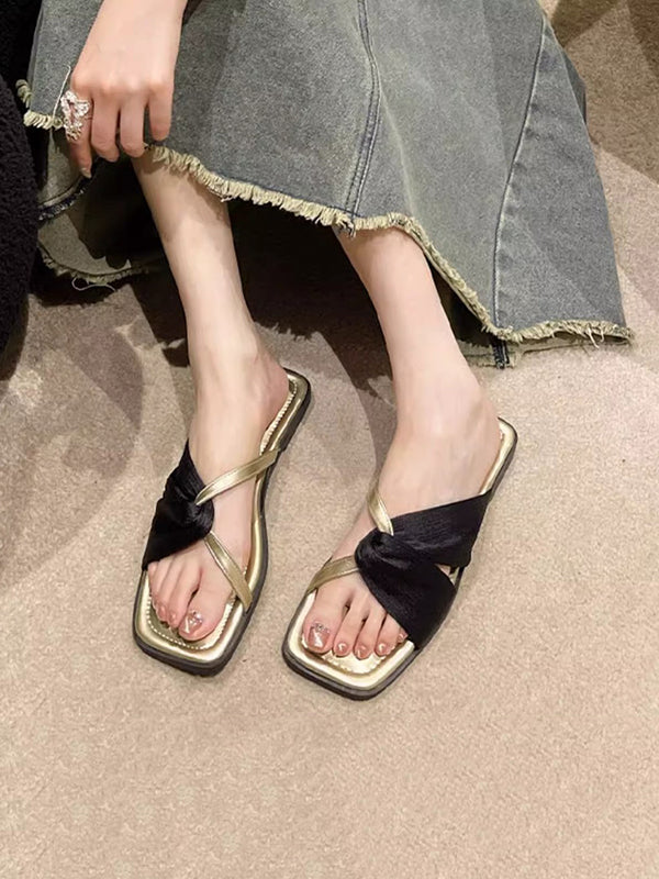 Pleated Split-Joint Square-Toe Sandals Slippers