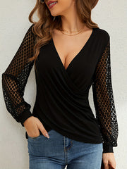 Long Sleeves Puff Sleeves See-Through Solid Color Split-Joint Deep V-Neck T-Shirts Tops