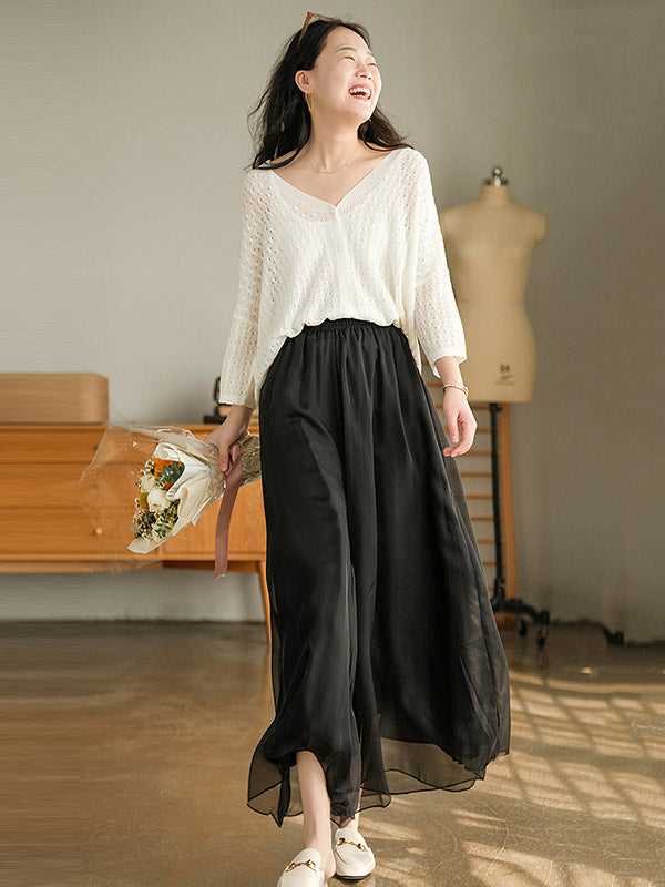 Casual Solid Color Chiffon Column Wide Leg Pants&Skirt