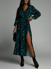 Vacation Loose Long Sleeves Split-Side Leopard V-Neck Midi Dresses