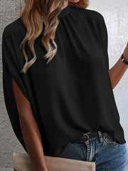 Batwing Sleeves High-Low Lace-Up Pleated Solid Color Stand Collar T-Shirts