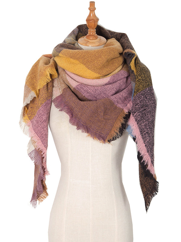 Triangle Contrast Color Diamond-Patterned Fringed Keep Warm Shawl&Scarf