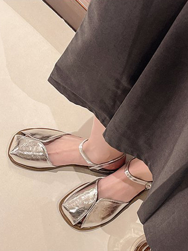 Belt Buckle Hollow Split-Joint Square-Toe Flat Shoes Sandals