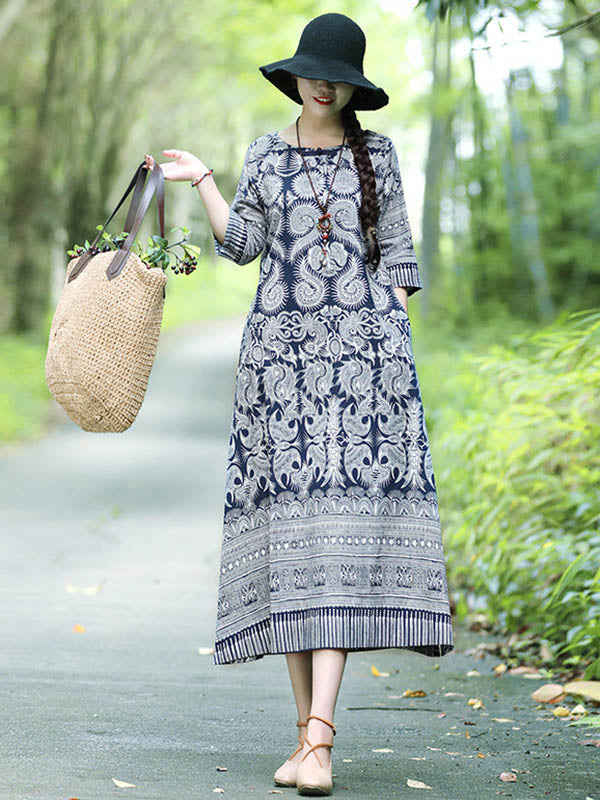 Vintage Cotton Blend Printing Midi Dresses