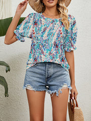 Loose Short Sleeves Elasticity Flower Print Ruffle Trim Round-Neck T-Shirts Tops