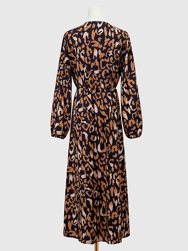 Long Sleeves Loose Drawstring Elasticity Leopard Split-Side V-Neck Midi Dresses